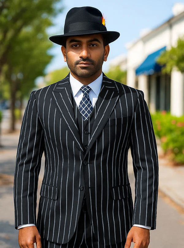 Mens Gangster Zoot Suit in Navy & White Chalk Stripe - 38 Short Jacket+32 Waist Adjustable 28to34)(Height: 5 4 to5 7 )(Neck  15-16.5)S-M)
