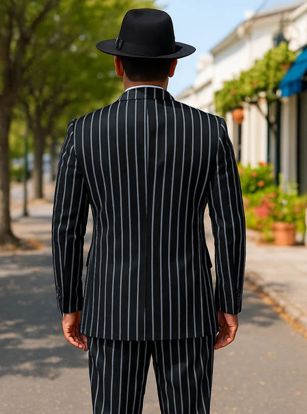Mens Gangster Zoot Suit in Navy & White Chalk Stripe - 38 Short Jacket+32 Waist Adjustable 28to34)(Height: 5 4 to5 7 )(Neck  15-16.5)S-M)