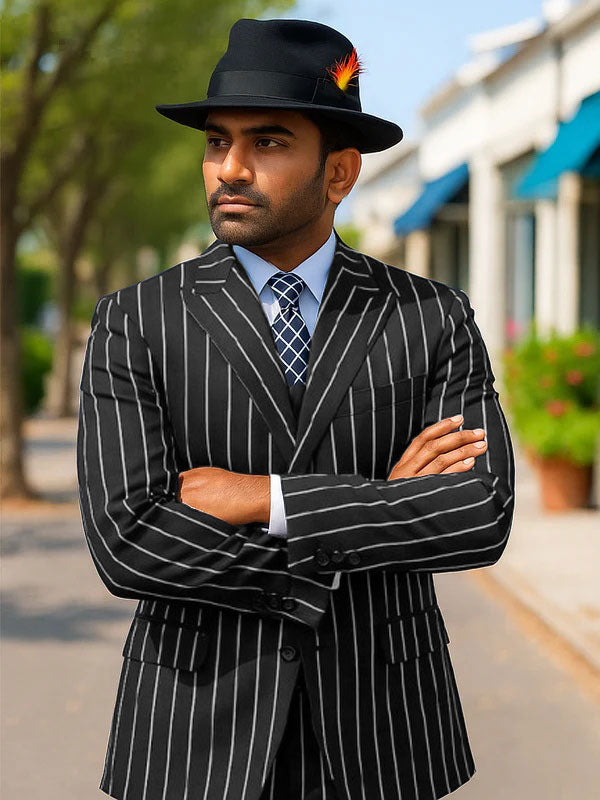 Mens Gangster Zoot Suit in Navy & White Chalk Stripe - 38 Short Jacket+32 Waist Adjustable 28to34)(Height: 5 4 to5 7 )(Neck  15-16.5)S-M)