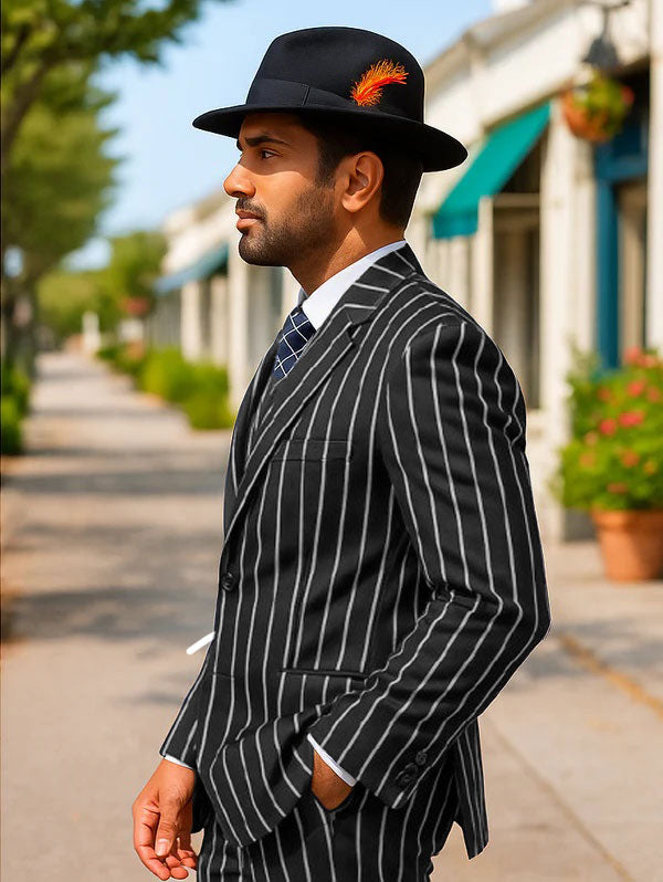 Mens Gangster Zoot Suit in Navy & White Chalk Stripe - 38 Short Jacket+32 Waist Adjustable 28to34)(Height: 5 4 to5 7 )(Neck  15-16.5)S-M)