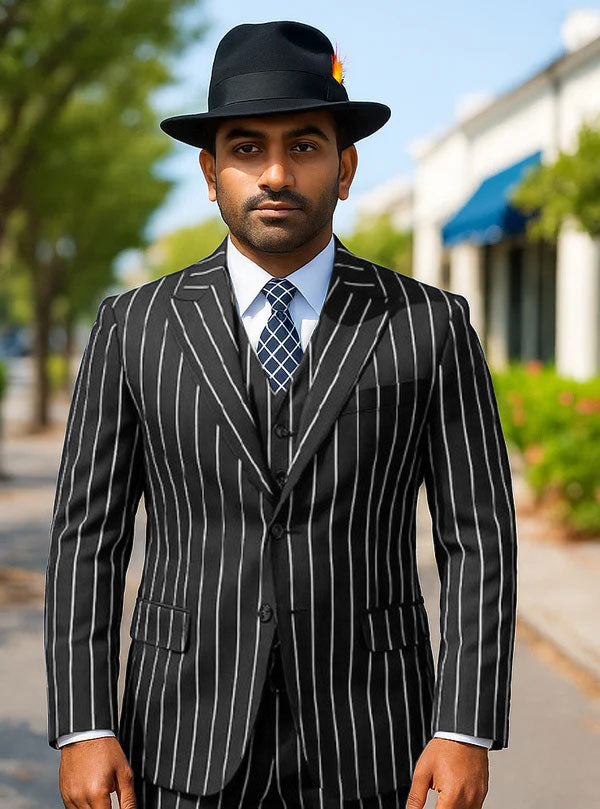 Mens Gangster Zoot Suit in Navy & White Chalk Stripe - 38 Short Jacket+32 Waist Adjustable 28to34)(Height: 5 4 to5 7 )(Neck  15-16.5)S-M)