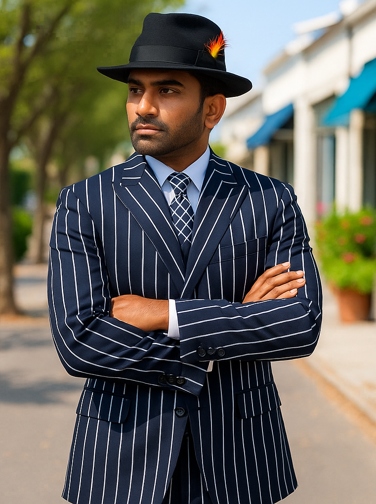 Mens Gangster Zoot Suit in Navy and White Chalk Stripe - 38 Short Jacket+32 Waist Adjustable 28to34)(Height: 5 4 to5 7 )(Neck  15-16.5)S-M)