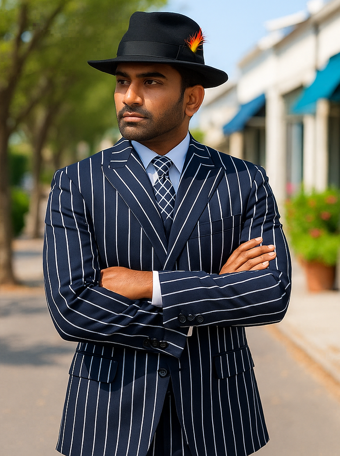 Mens Gangster Zoot Suit in Navy and White Chalk Stripe