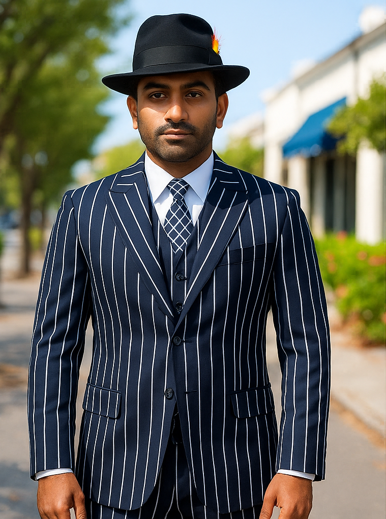 Mens Gangster Zoot Suit in Navy and White Chalk Stripe - 38 Short Jacket+32 Waist Adjustable 28to34)(Height: 5 4 to5 7 )(Neck  15-16.5)S-M)
