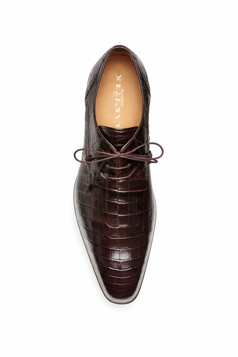Men's Genuine Alligator Brown Derby Lace-Up Shoes By Mezlan Made In Spain Brand-New Designer Collection - 8