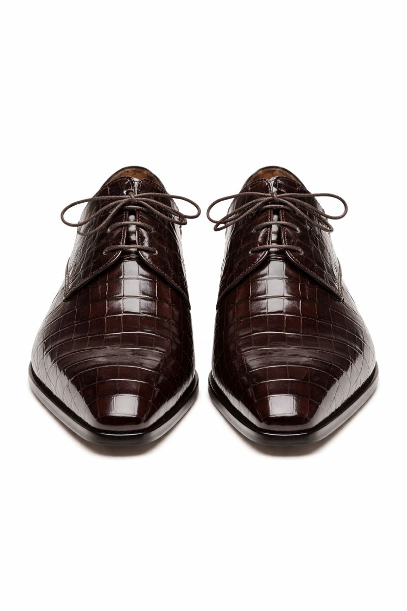 Men's Genuine Alligator Brown Derby Lace-Up Shoes By Mezlan Made In Spain Brand-New Designer Collection - 8