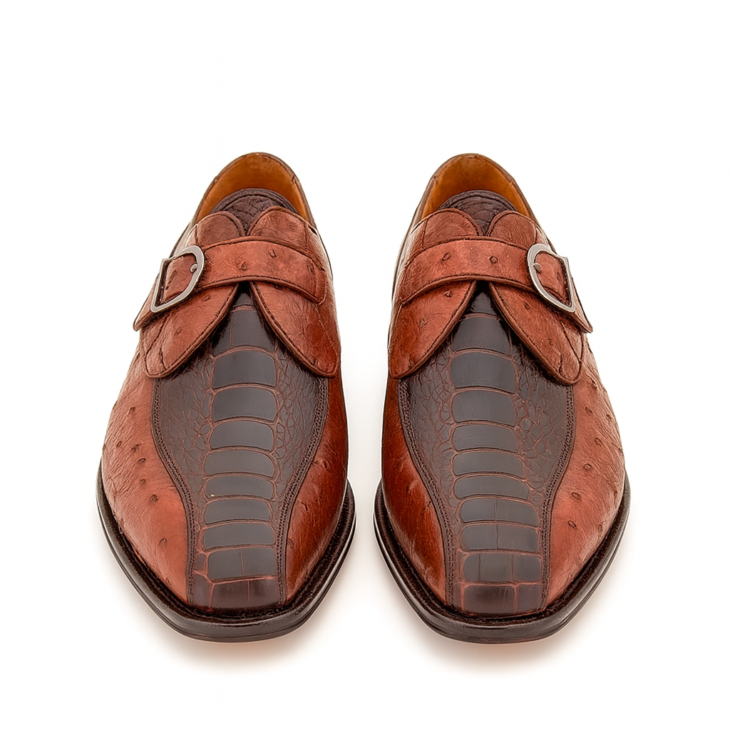 Men's Genuine Full Quill Ostrich Leg Monk Strap Brown Shoes By Mezlan Made in Spain Brand-New Designer Collection - 8