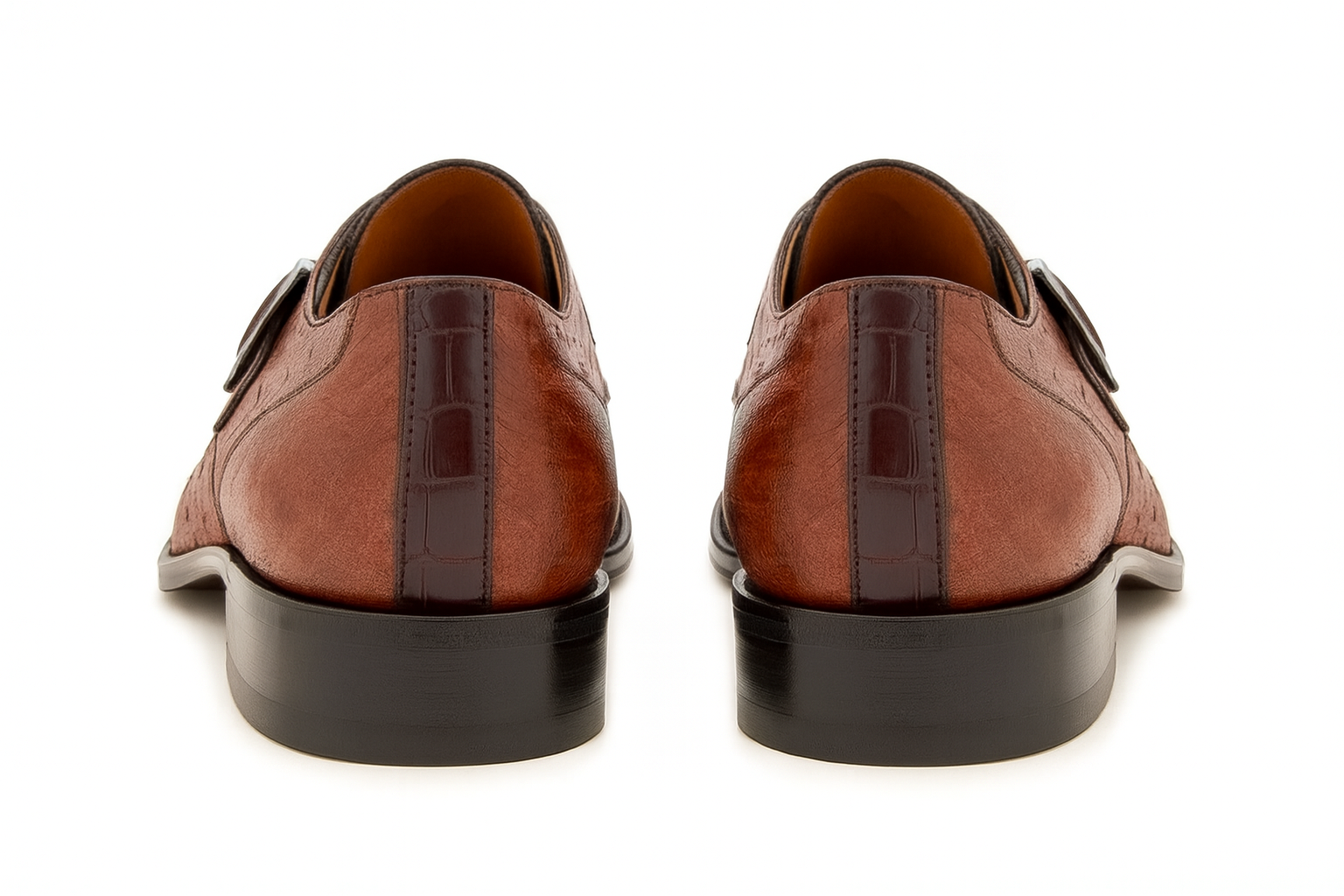 Men's Genuine Full Quill Ostrich Leg Monk Strap Brown Shoes By Mezlan Made in Spain Brand-New Designer Collection - 8