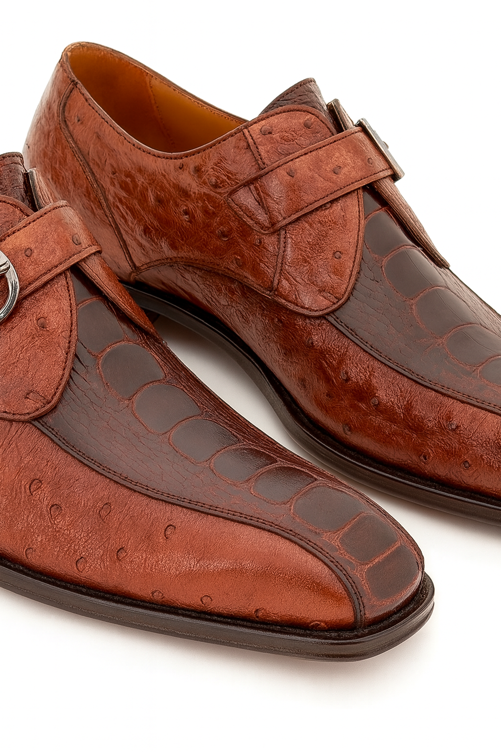 Men's Genuine Full Quill Ostrich Leg Monk Strap Brown Shoes By Mezlan Made in Spain Brand-New Designer Collection - 8