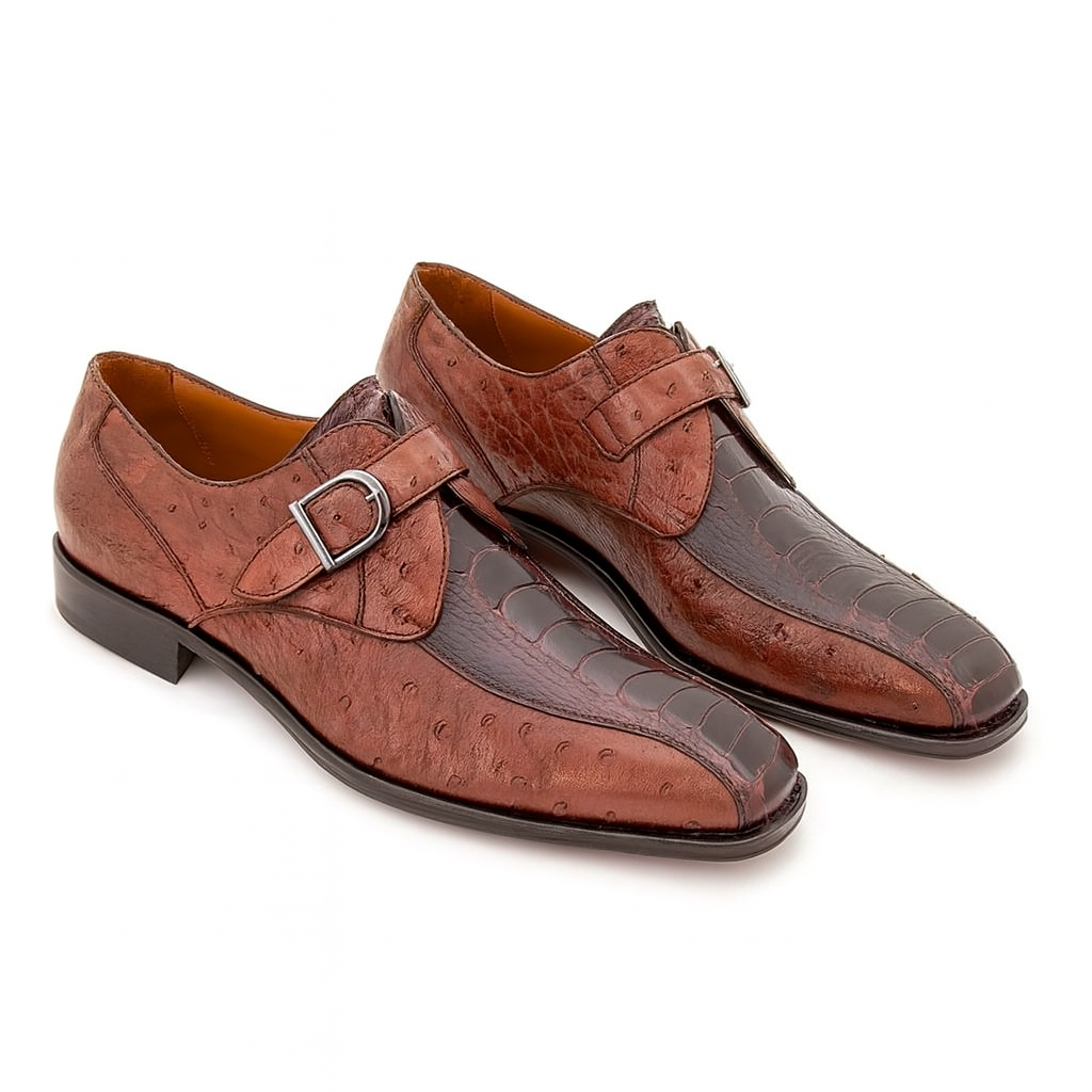 Men's Genuine Full Quill Ostrich Leg Monk Strap Brown Shoes By Mezlan Made in Spain Brand-New Designer Collection - 8