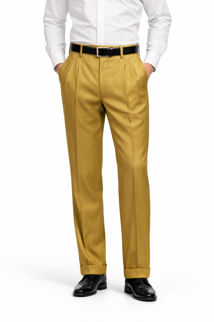 Men's Gold Dress Pants 2-Pleats with Cuff Hem-New Designer Collection
