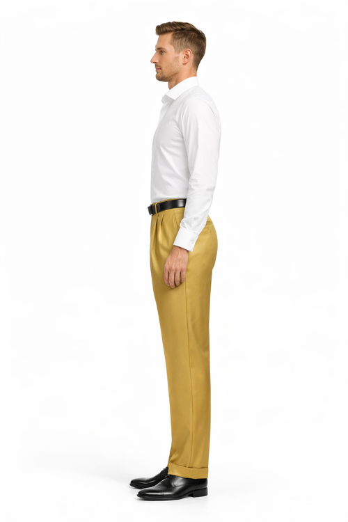 Men's Gold Dress Pants 2-Pleats with Cuff Hem-New Designer Collection