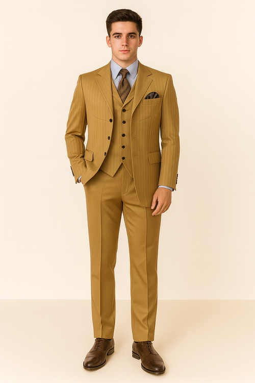 Cheap Priced Suit - Mens 4 Button Semi Wide Leg Shiny Tonal Stripe Fashion Gold Suit