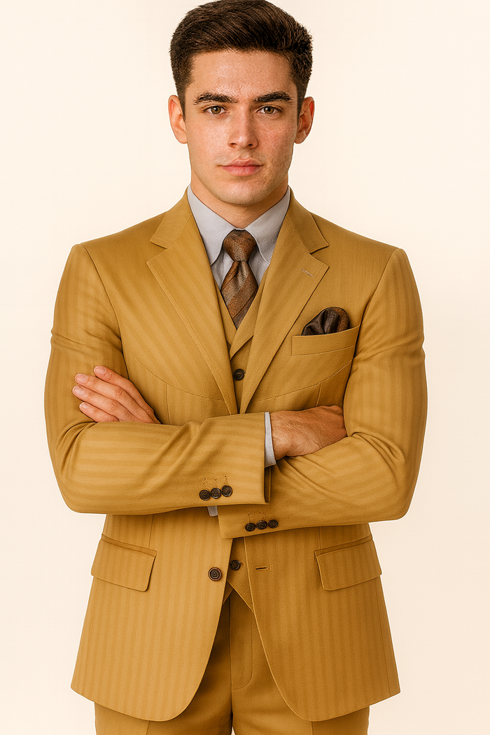 Cheap Priced Suit - Mens 4 Button Semi Wide Leg Shiny Tonal Stripe Fashion Gold Suit