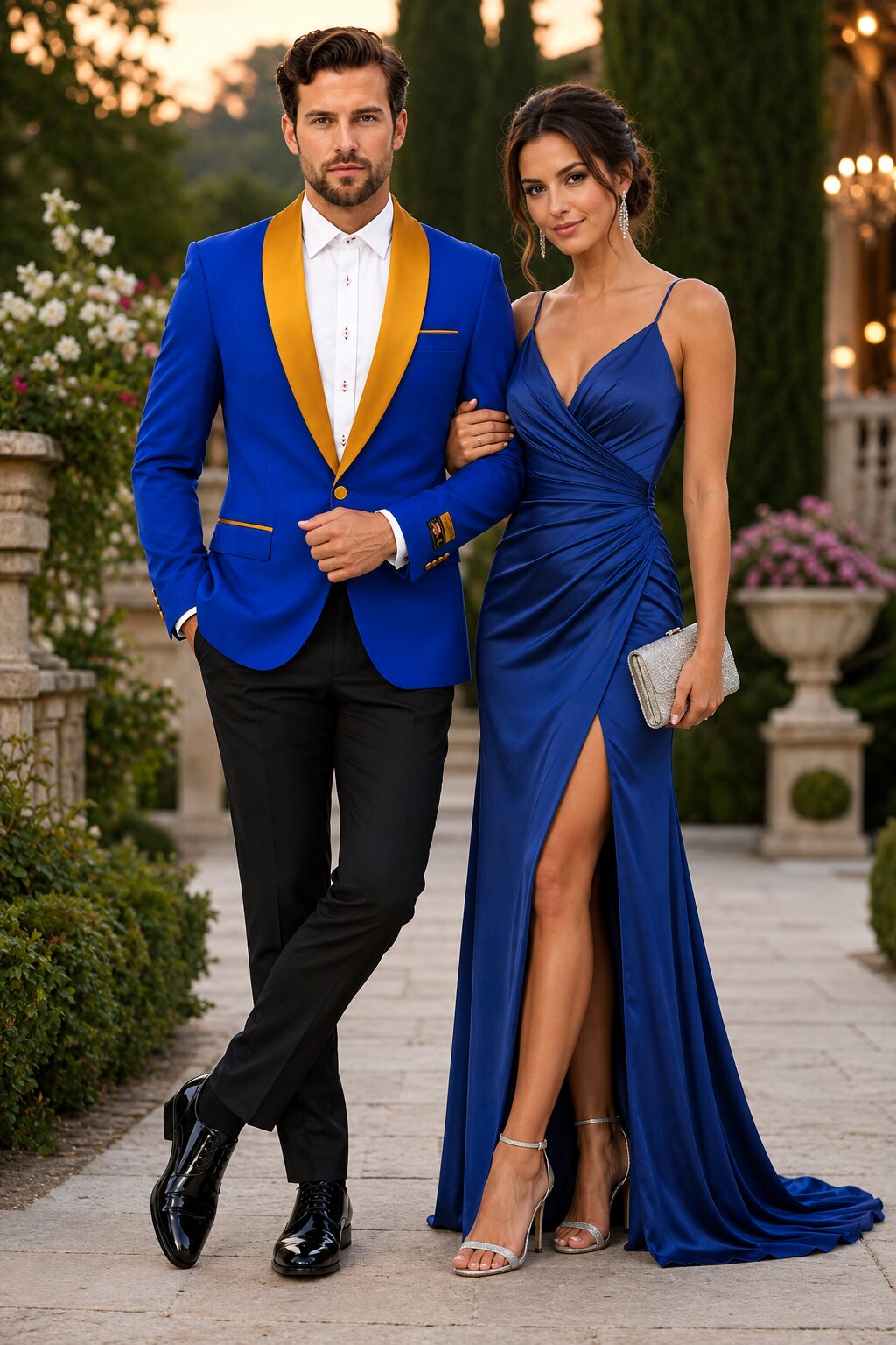 Mens Royal Blue Prom 2026 Tuxedo - Mens One Button Contrast Shawl Collar Dinner Jacket Royal Blue & Gold - 52 Long