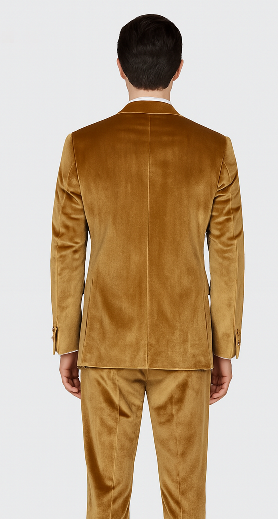 Mens Gold Velvet Suit Tazzio 2-Piece Slim Fit Peak Lapel Designer Formalwear