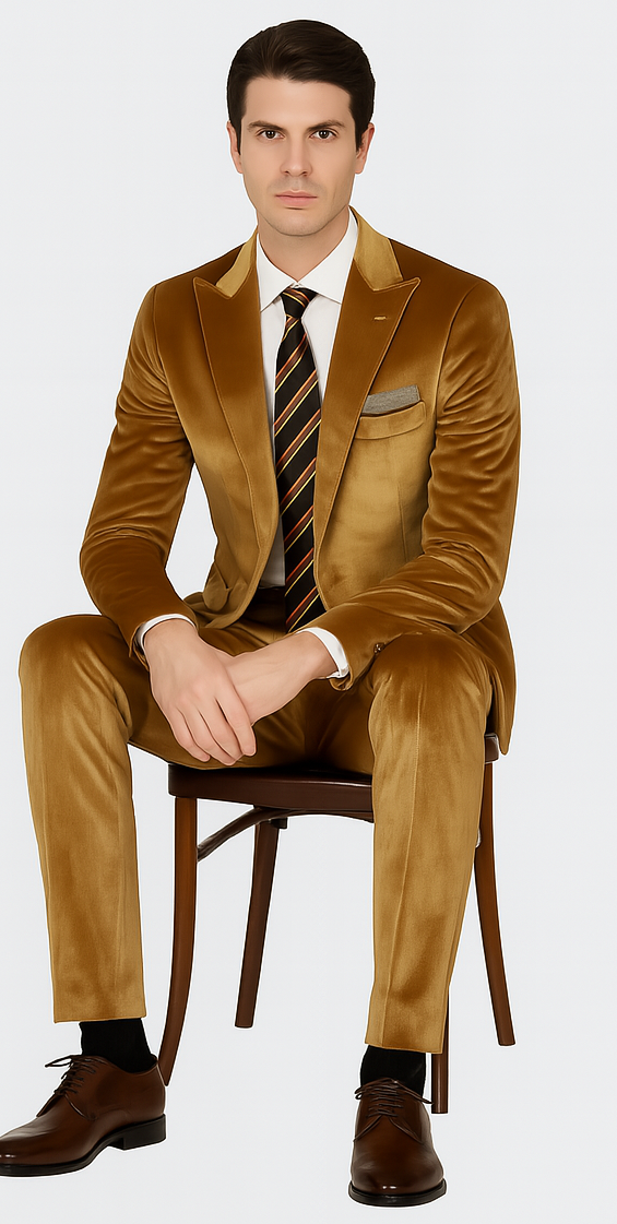 Mens Gold Velvet Suit Tazzio 2-Piece Slim Fit Peak Lapel Designer Formalwear