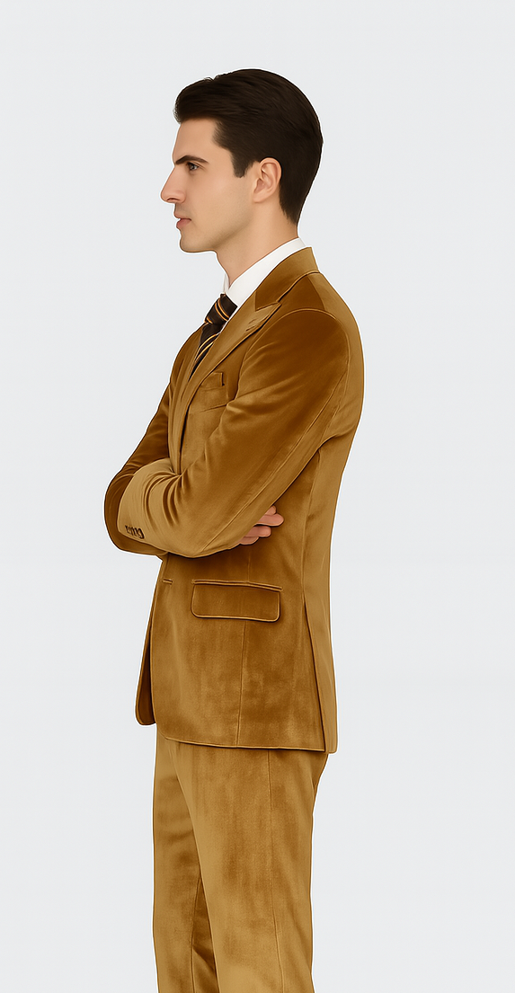 Mens Gold Velvet Suit Tazzio 2-Piece Slim Fit Peak Lapel Designer Formalwear