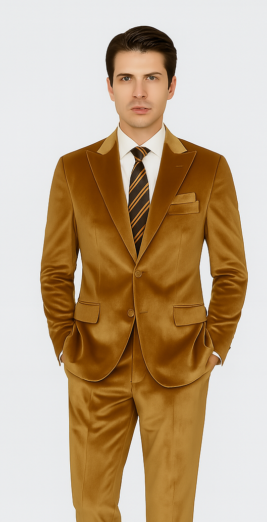 Mens Gold Velvet Suit Tazzio 2-Piece Slim Fit Peak Lapel Designer Formalwear