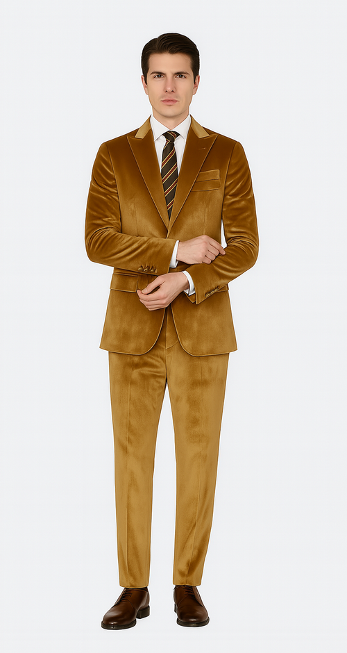 Mens Gold Velvet Suit Tazzio 2-Piece Slim Fit Peak Lapel Designer Formalwear