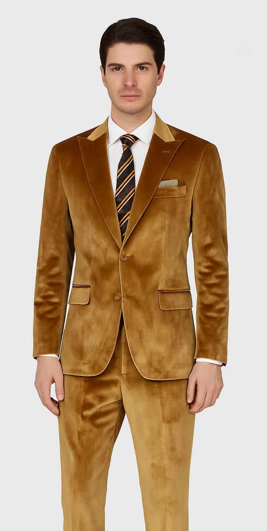 Mens Gold Velvet Suit Tazzio 2-Piece Slim Fit Peak Lapel Designer Formalwear