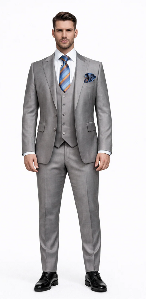 Men's Gray Slim Fit 3-Piece Suit by Rossiman With Vest & Tailored Trousers