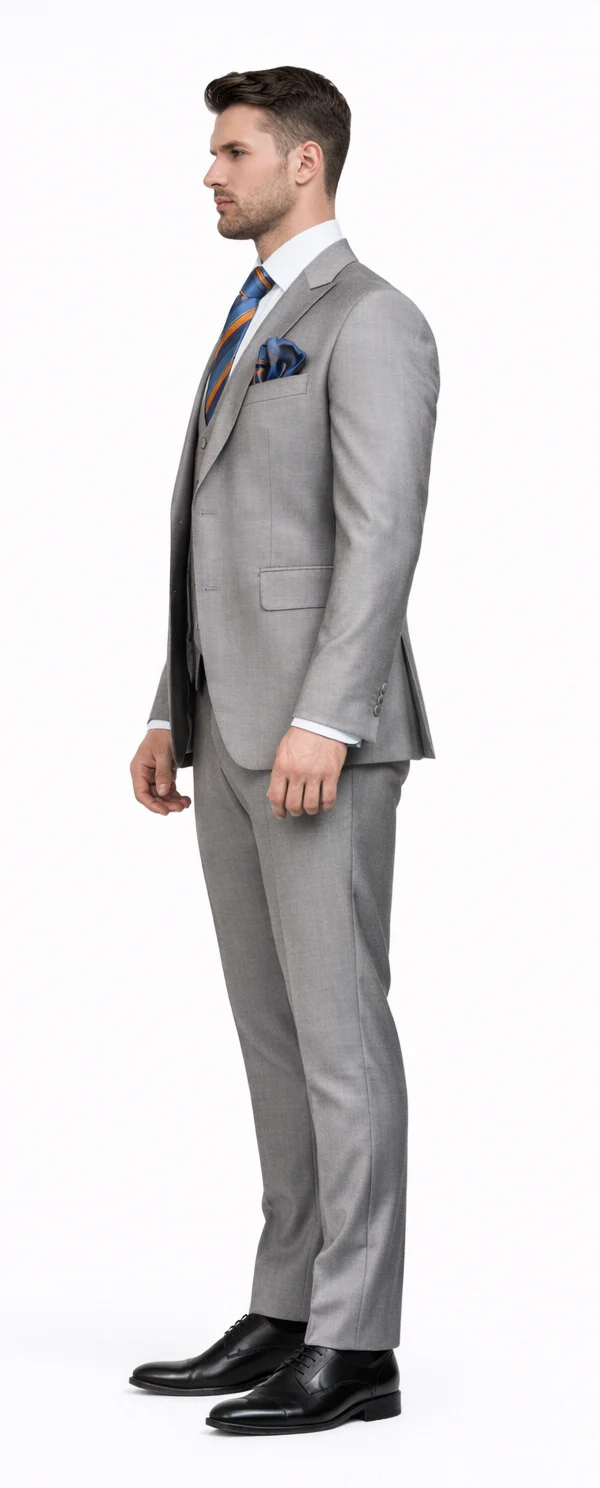 Men's Gray Slim Fit 3-Piece Suit by Rossiman â€“ With Vest & Tailored Trousers - 38 Short Jacket+32 Waist Adjustable 28to34)(Height: 5’4”to5’7”)(Neck 15-16.5)S-M)