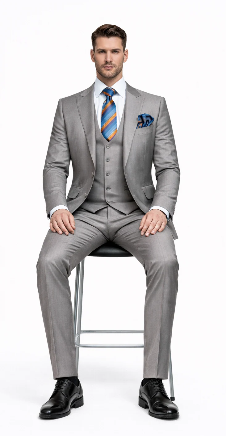 Men's Gray Slim Fit 3-Piece Suit by Rossiman â€“ With Vest & Tailored Trousers - 38 Short Jacket+32 Waist Adjustable 28to34)(Height: 5’4”to5’7”)(Neck 15-16.5)S-M)