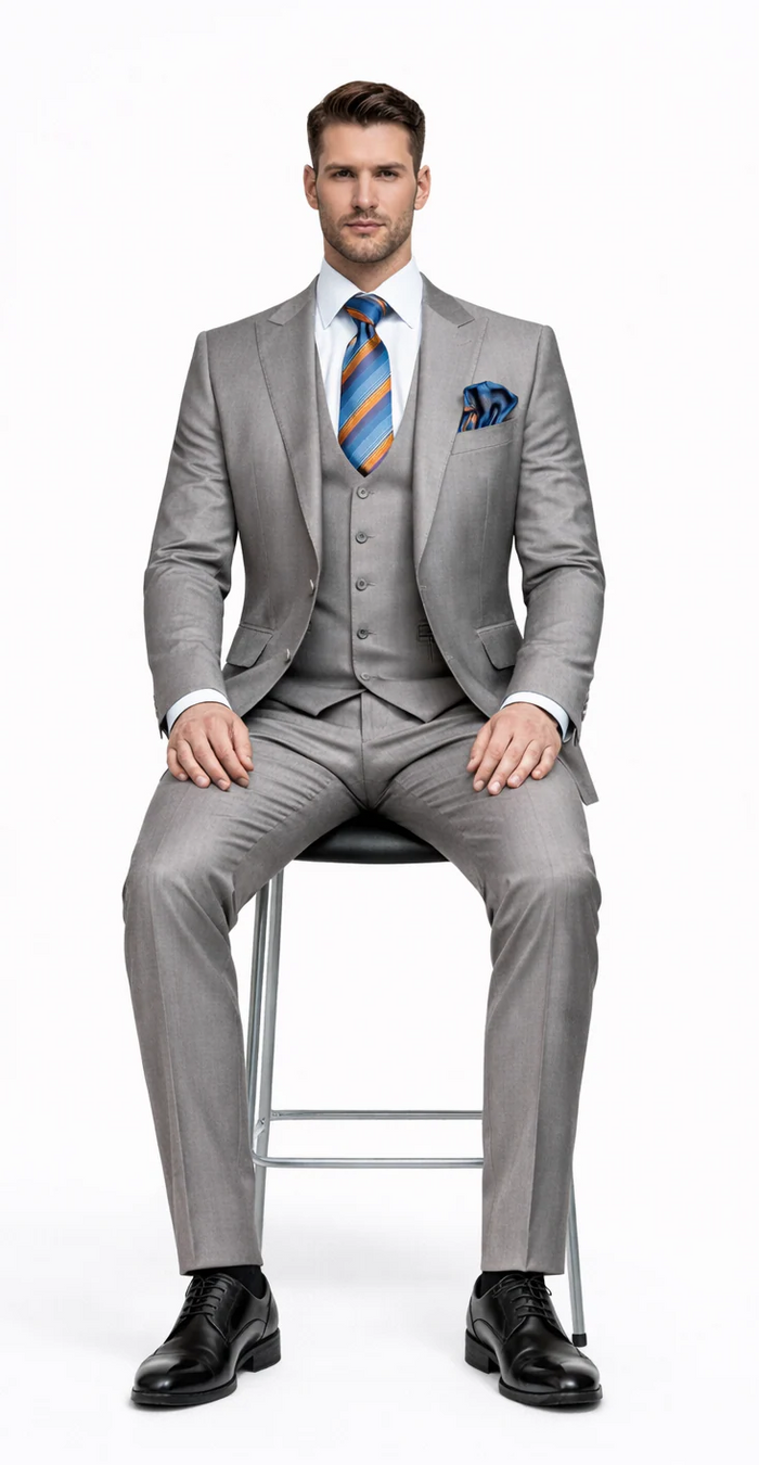 Men's Gray Slim Fit 3-Piece Suit by Rossiman With Vest & Tailored Trousers