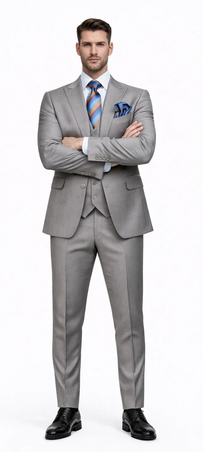 Men's Gray Slim Fit 3-Piece Suit by Rossiman With Vest & Tailored Trousers