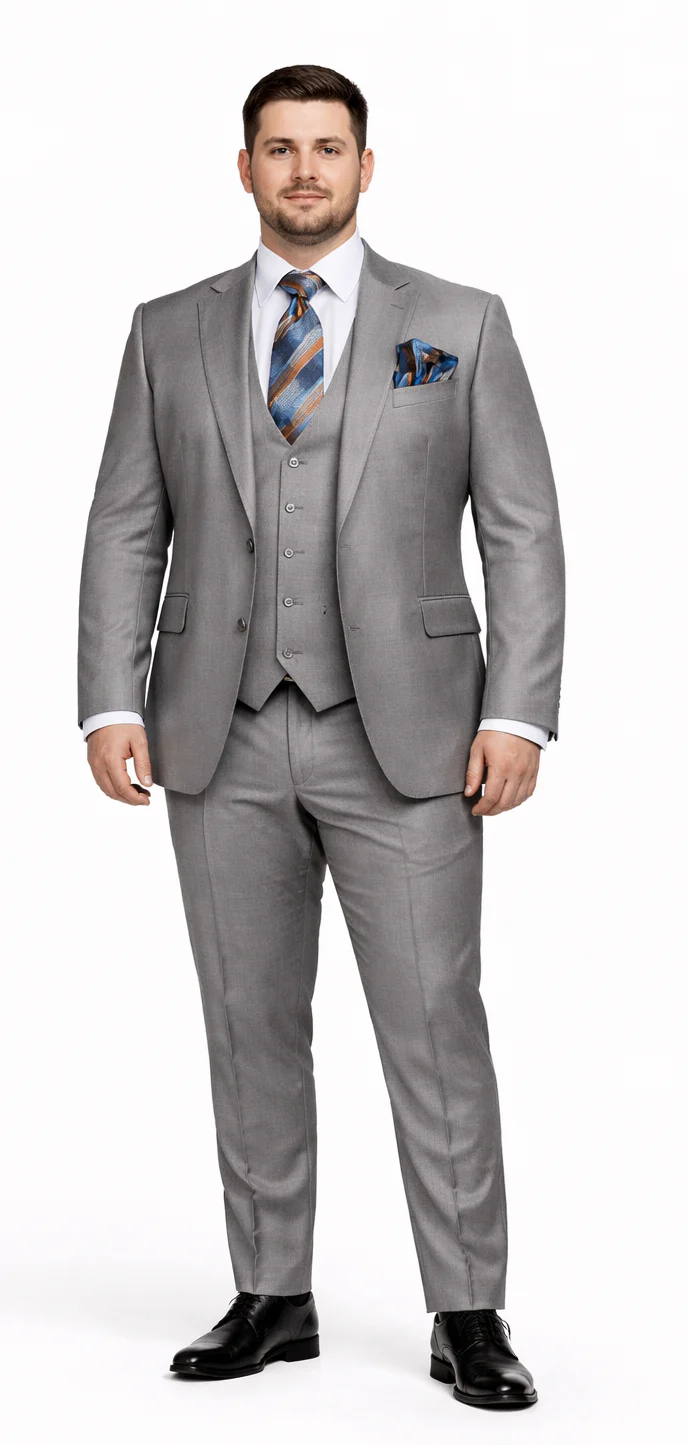Men's Gray Slim Fit 3-Piece Suit by Rossiman â€“ With Vest & Tailored Trousers - 38 Short Jacket+32 Waist Adjustable 28to34)(Height: 5’4”to5’7”)(Neck 15-16.5)S-M)