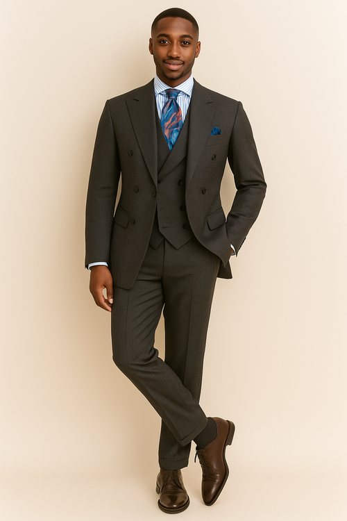 Double Breasted Suits - Vested Suits Wool Fabric - Apolo King Brand - Gray Plaid Suit - New Arrival