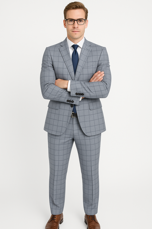 Gray Groomsmen Suits Mens Slim Fit Window Pane Suit Grey