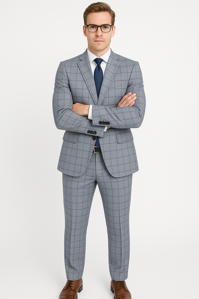 Gray Groomsmen Suits Mens Slim Fit Window Pane Suit Grey