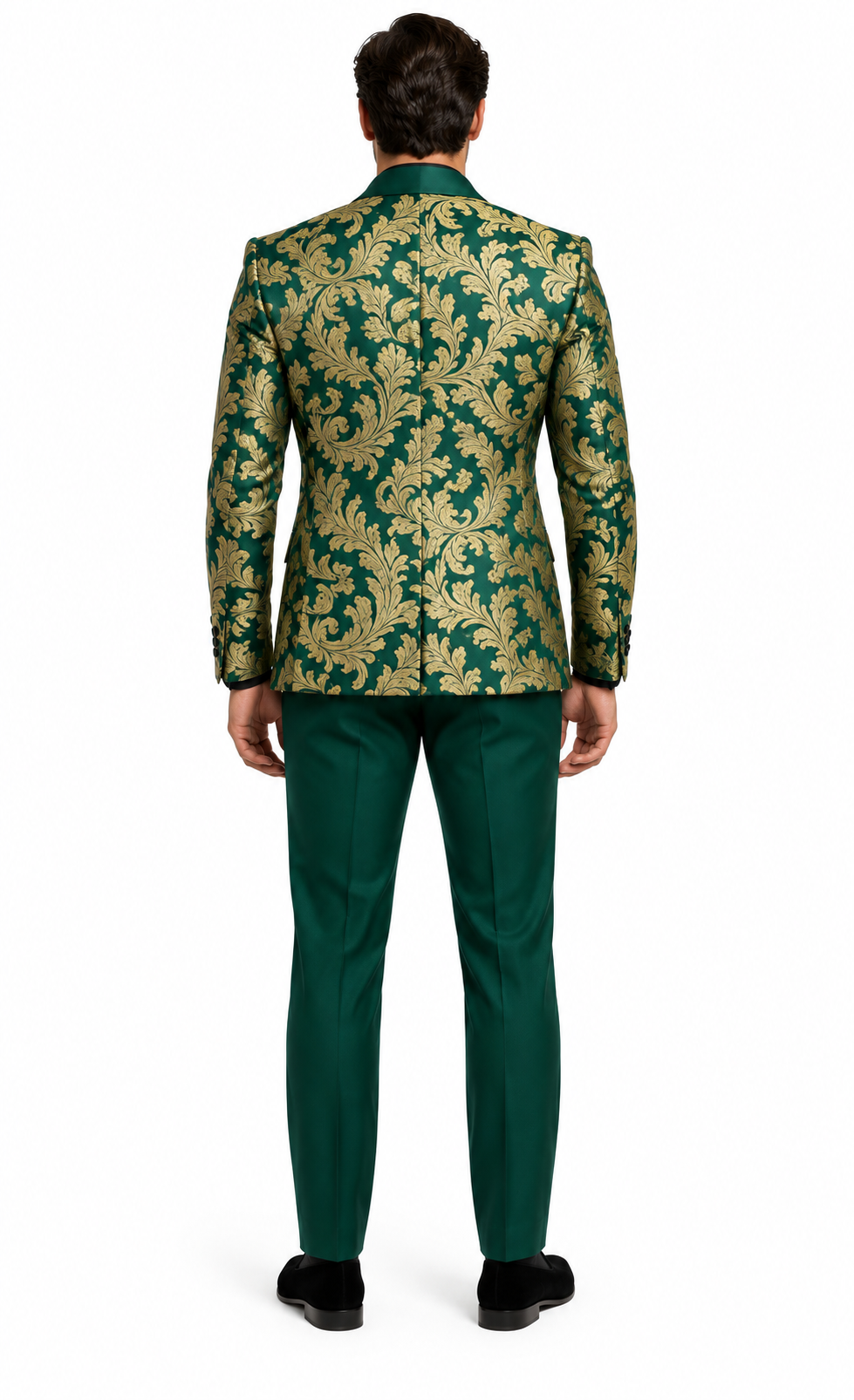 Mens Green and Gold Embroidered Tuxedo 3-Piece Prom Suit