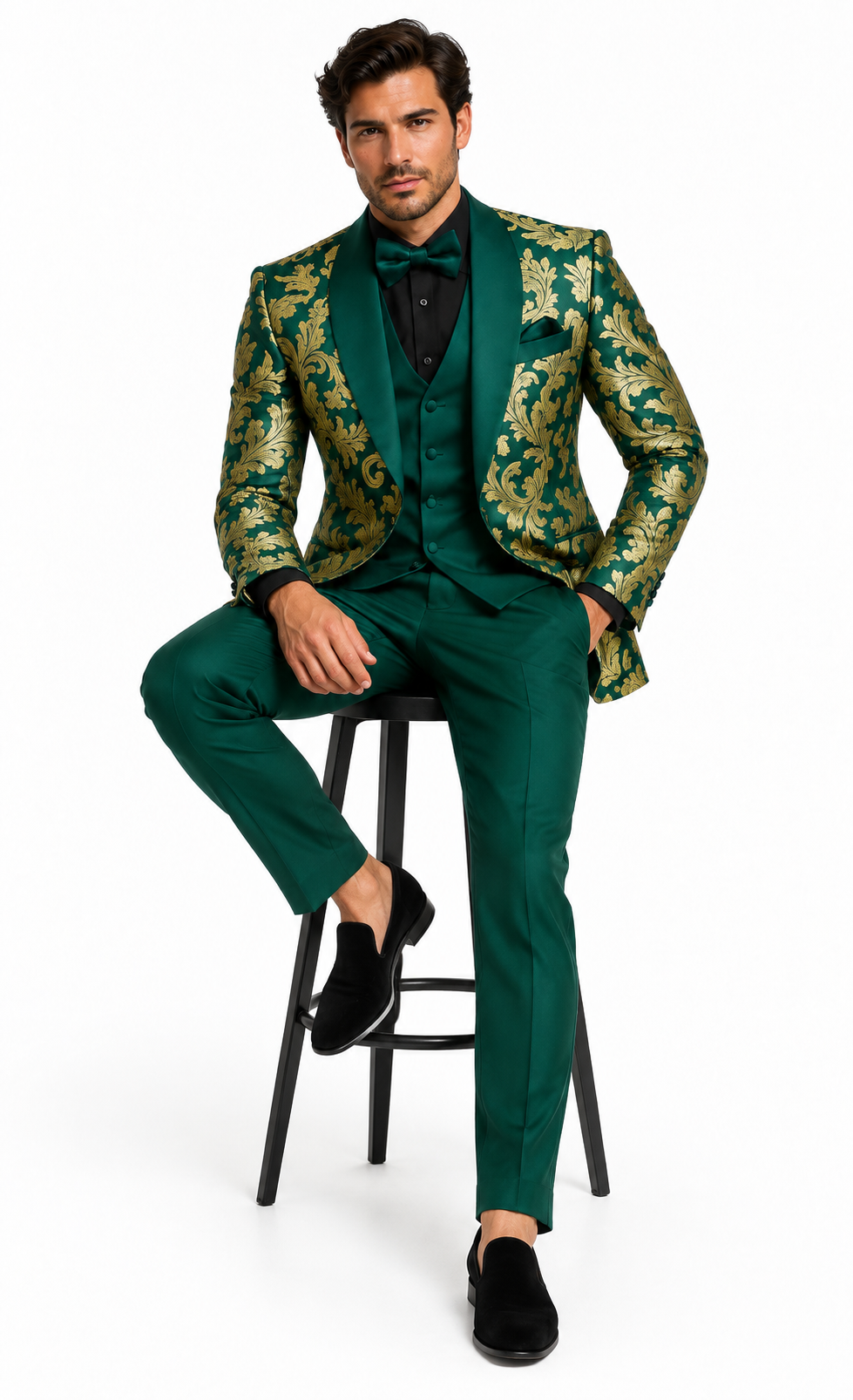 Mens Green and Gold Embroidered Tuxedo 3-Piece Prom Suit