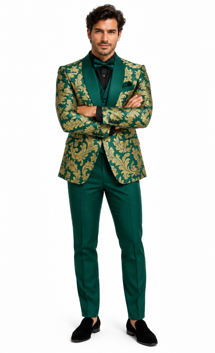 Mens Green and Gold Embroidered Tuxedo 3-Piece Prom Suit