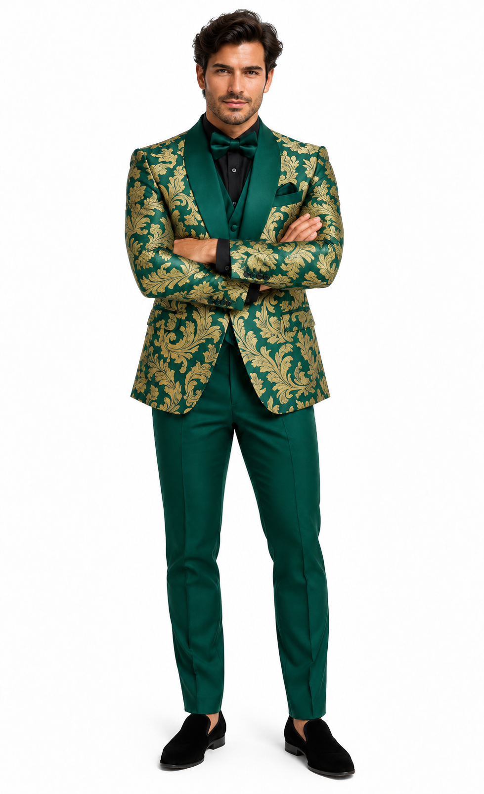 Mens Green and Gold Embroidered Tuxedo 3-Piece Prom Suit
