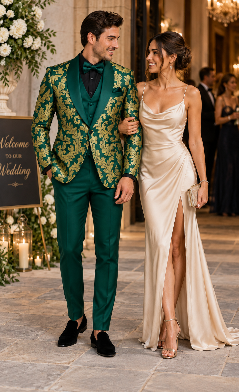 Mens Green and Gold Embroidered Tuxedo 3-Piece Prom Suit