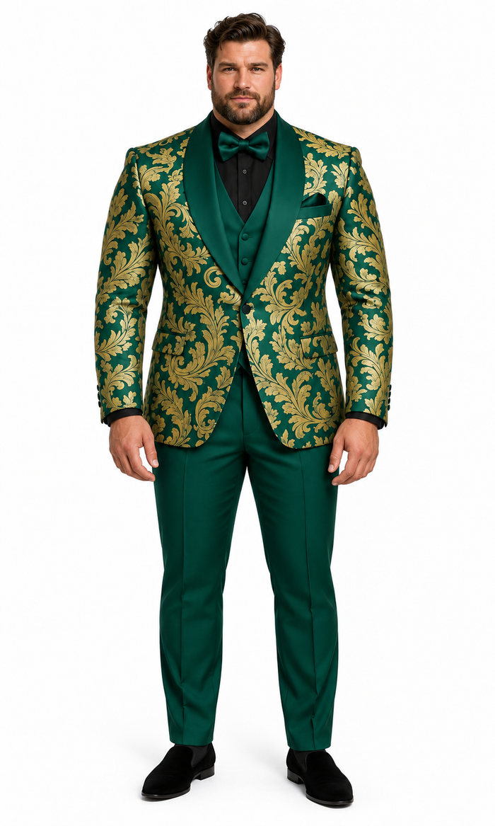 Mens Green and Gold Embroidered Tuxedo 3-Piece Prom Suit