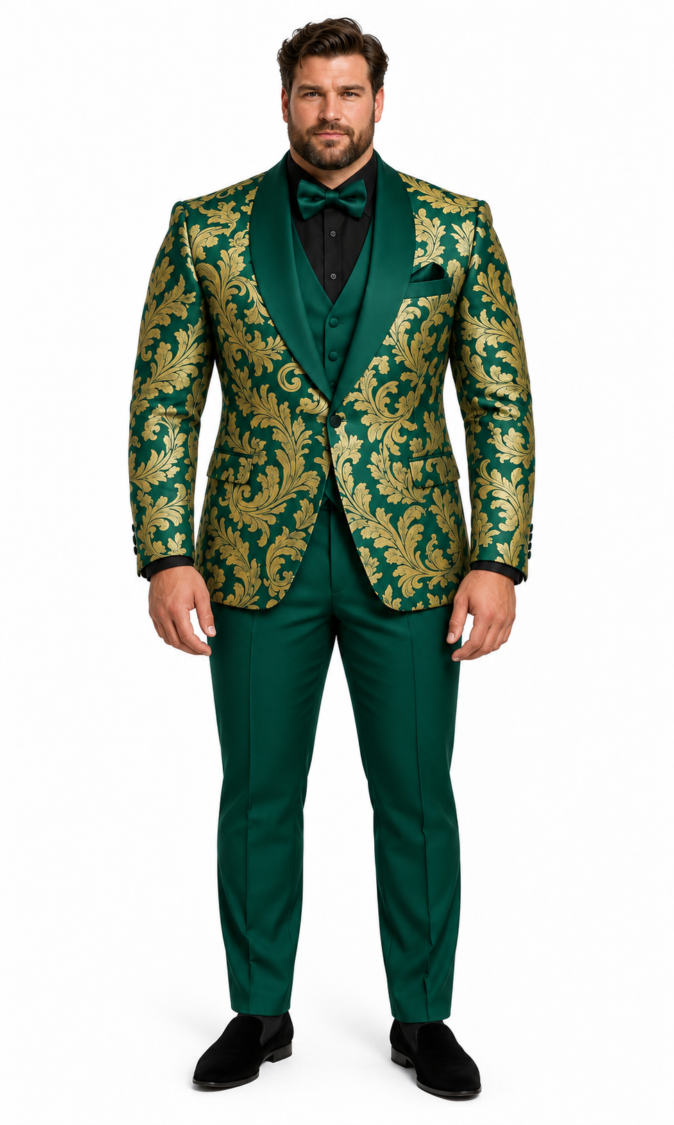 Mens Green and Gold Embroidered Tuxedo 3-Piece Prom Suit