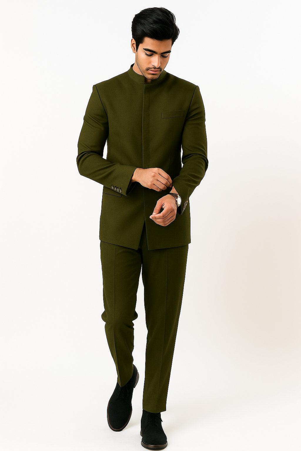 Cheap Priced Suit  - Mens Mandarin Banded Collar French Front Green Suit - 38 Short Jacket+32 Waist Adjustable 28to34)(Height: 5 4 to5 7 )(Neck  15-16.5)S-M)