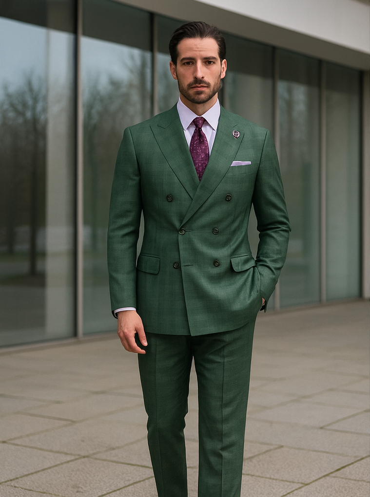Elegant Green Wedding Suit for Men â€“ Double-Breasted Design - 58 Long or 58 Regular Jacket+52/54 Adjustable Pants (Fabric: poly/rayon blend)