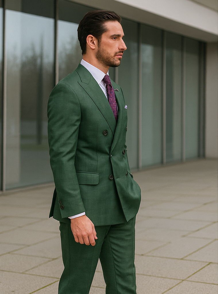 Elegant Green Wedding Suit for Men â€“ Double-Breasted Design - 58 Long or 58 Regular Jacket+52/54 Adjustable Pants (Fabric: poly/rayon blend)