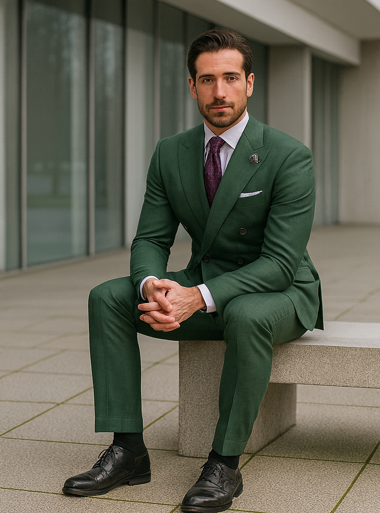 Elegant Green Wedding Suit for Men â€“ Double-Breasted Design - 58 Long or 58 Regular Jacket+52/54 Adjustable Pants (Fabric: poly/rayon blend)