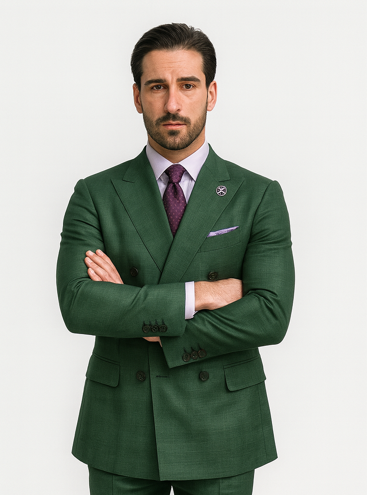 Elegant Green Wedding Suit for Men â€“ Double-Breasted Design - 58 Long or 58 Regular Jacket+52/54 Adjustable Pants (Fabric: poly/rayon blend)