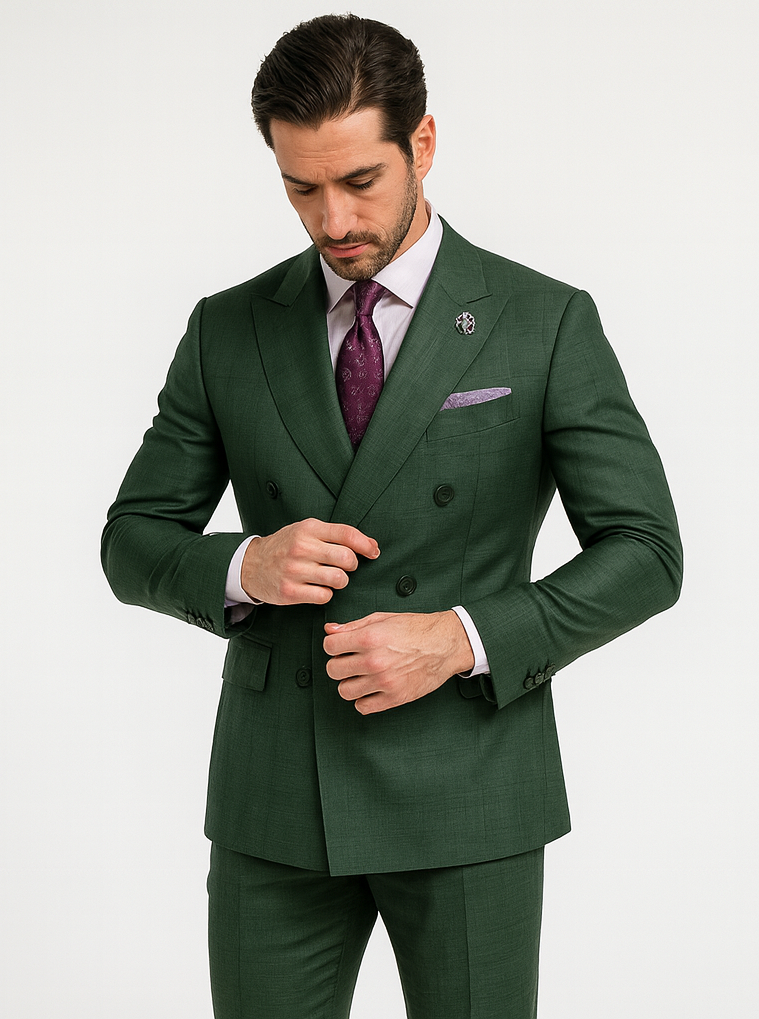 Elegant Green Wedding Suit for Men – Double-Breasted Design - 58 Long or 58 Regular Jacket+52/54 Adjustable Pants (Fabric: poly/rayon blend)
