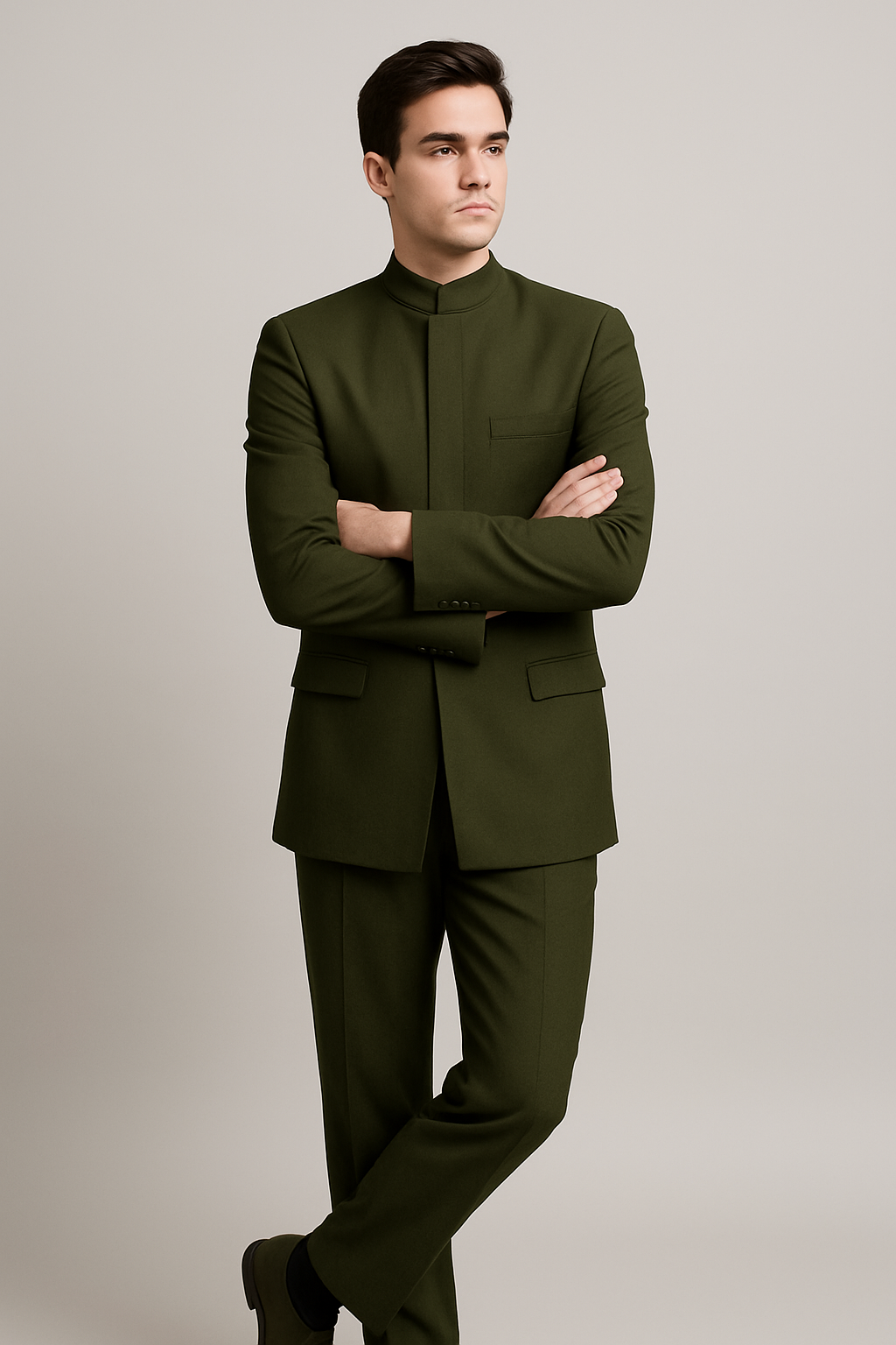 Cheap Priced Suit  - Mens Mandarin Banded Collar French Front Green Suit - 38 Short Jacket+32 Waist Adjustable 28to34)(Height: 5 4 to5 7 )(Neck  15-16.5)S-M)