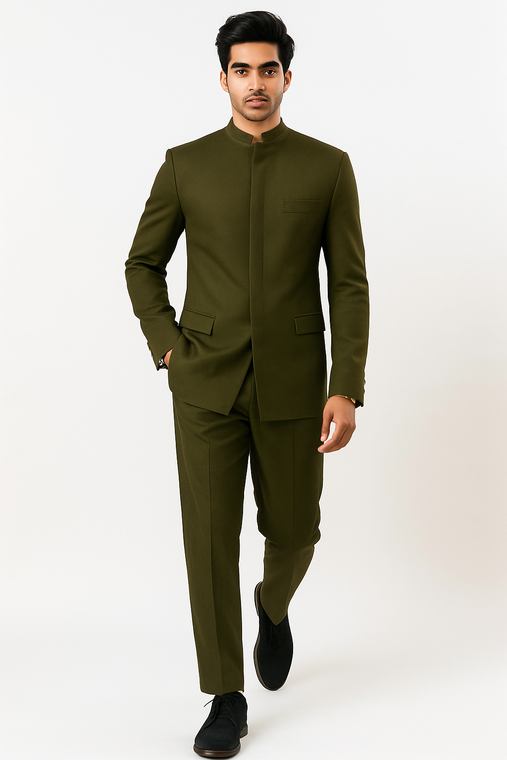 Cheap Priced Suit  - Mens Mandarin Banded Collar French Front Green Suit - 38 Short Jacket+32 Waist Adjustable 28to34)(Height: 5 4 to5 7 )(Neck  15-16.5)S-M)