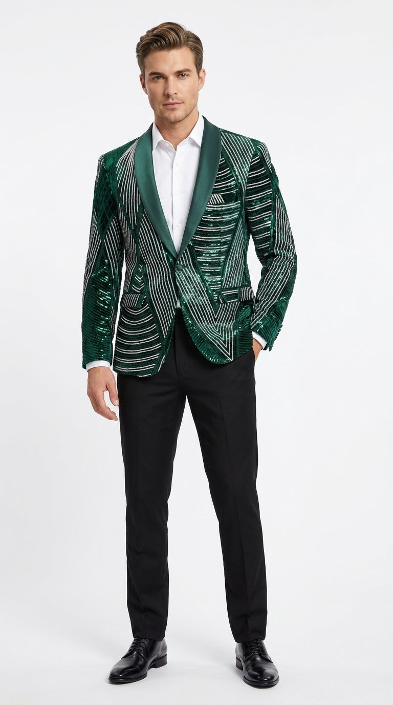 Mens Green Sequin Christmas Holiday Blazer – Luxury Party Jacket for New Year, Wedding and Festive Events New Year Jacket - 34 Short
